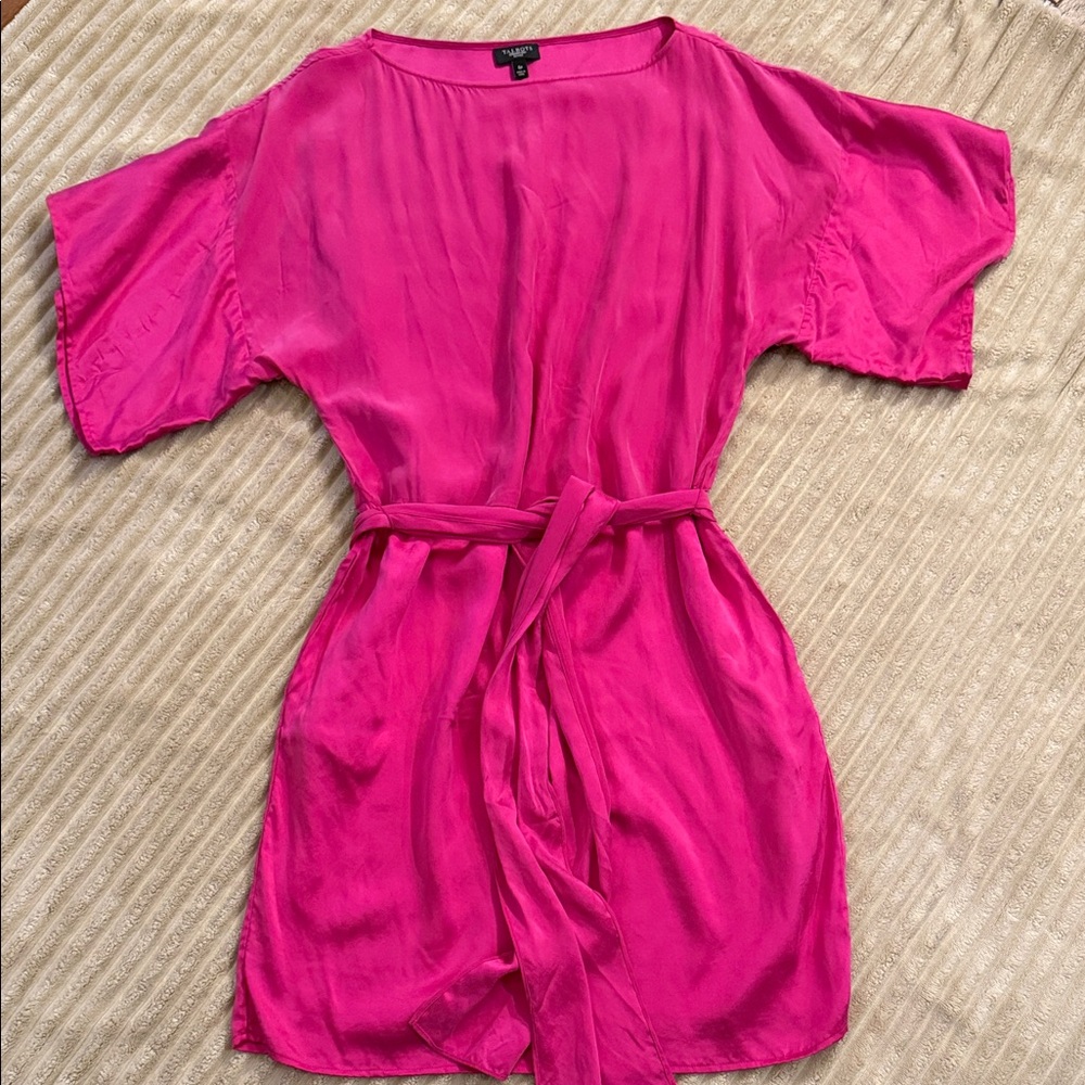 Talbots Fuchsia Silk Kimono Dress with Waist Tie and Pockets